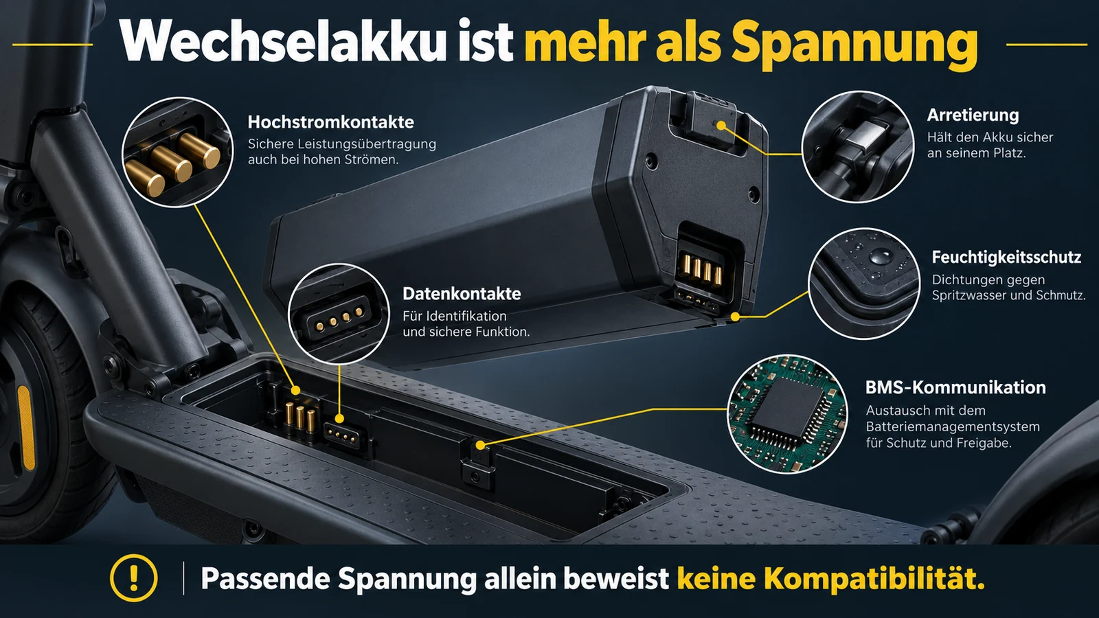Wechselakku über dem geöffneten Schacht mit Hochstrom- und Datenkontakten, Arretierung, Dichtung und BMS