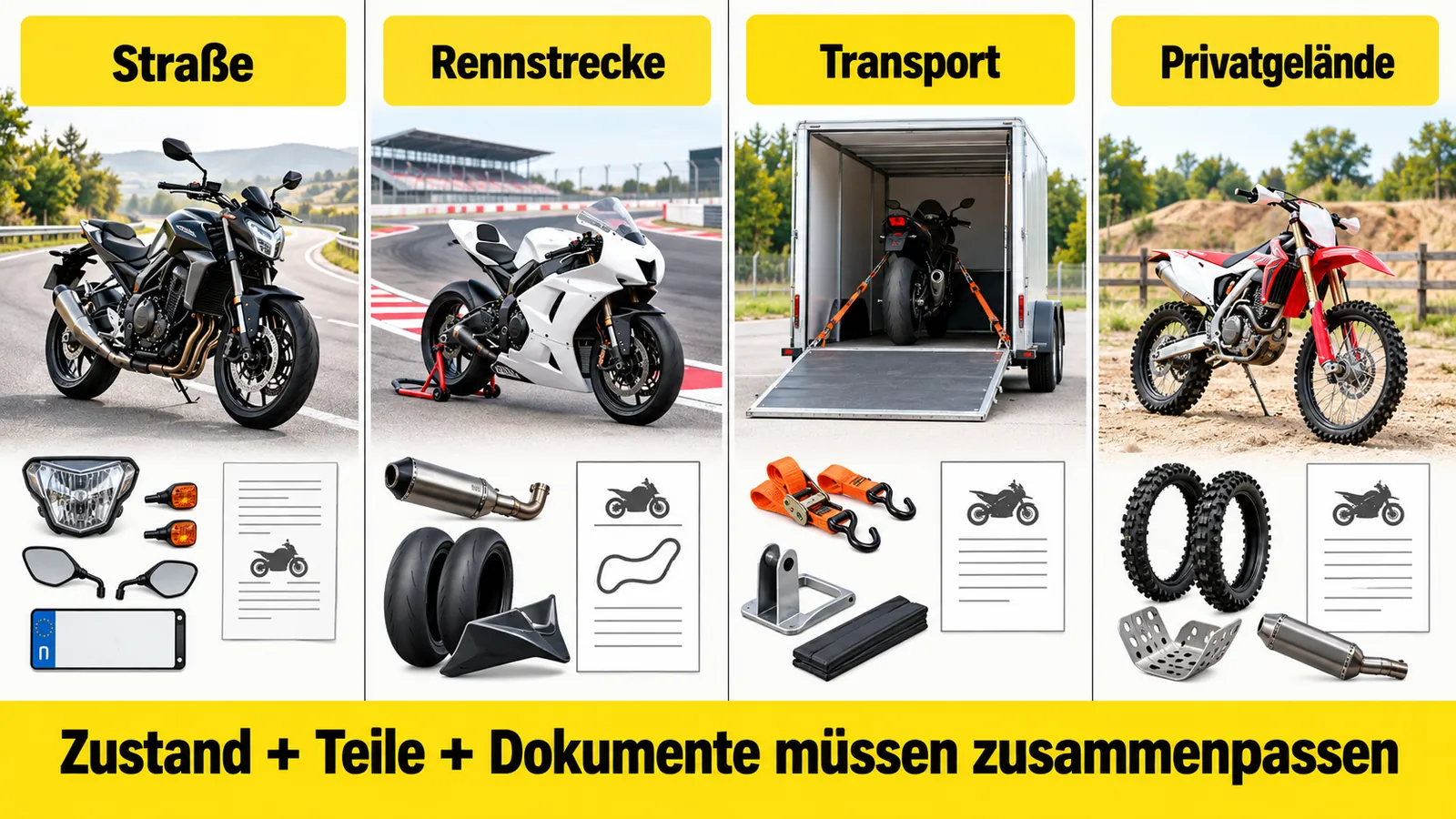 Grafik trennt vier Nutzungsszenarien: Straße, Rennstrecke, Transport und Privatgelände, je mit passenden Teilen und Papieren.