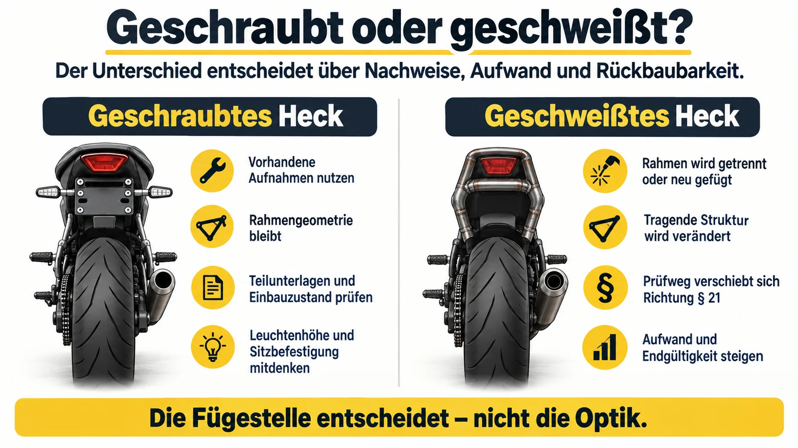 Gegenüberstellung von geschraubtem und geschweißtem Heck mit je vier Merkmalen