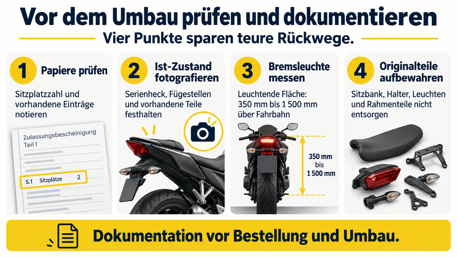 Vier Vorbereitungsschritte: Papiere prüfen, Ist-Zustand fotografieren, Bremsleuchtenhöhe messen, Originalteile aufbewahren