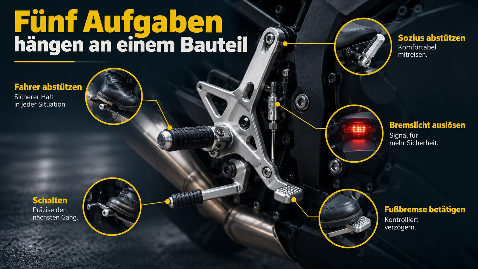 Rearset-Anlage mit fünf Bildausschnitten: Fahrer abstützen, Schalten, Sozius, Bremslicht, Fußbremse