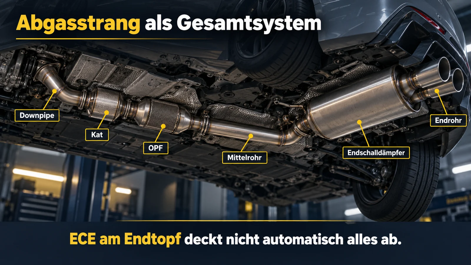 Abgasstrang von unten, beschriftet mit Downpipe, Kat, Partikelfilter, Mittelrohr, Endschalldämpfer und Endrohr.