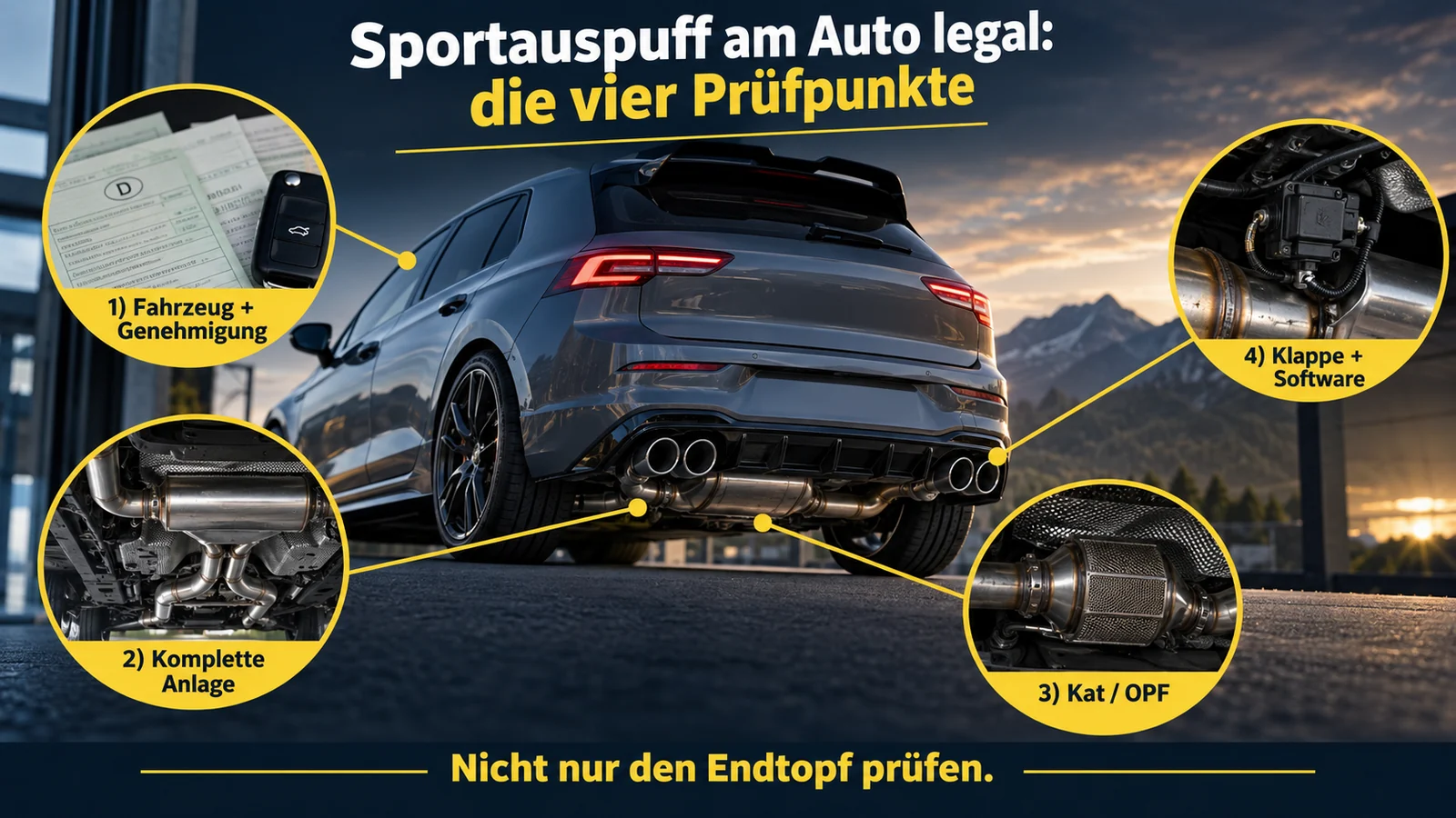Fahrzeugheck mit vier Bildkreisen zu Papieren, kompletter Anlage, Kat mit Partikelfilter und Klappensteuerung.