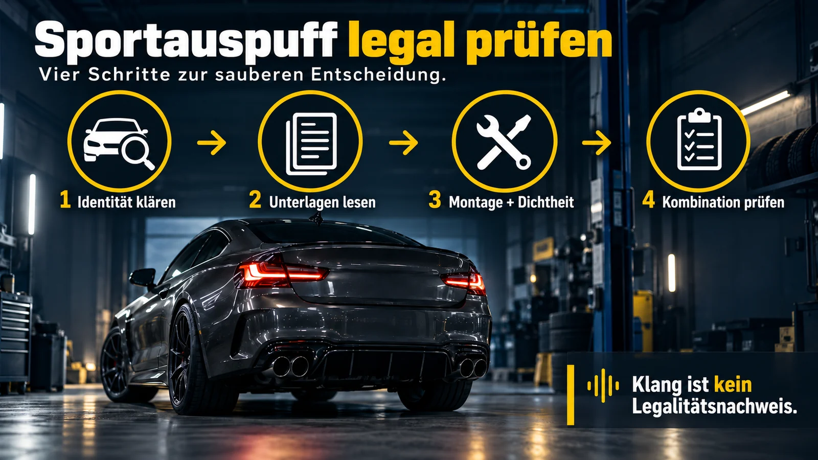 Vier nummerierte Symbolkreise von Identität über Unterlagen und Montage bis zur Kombination, darunter ein Coupé.