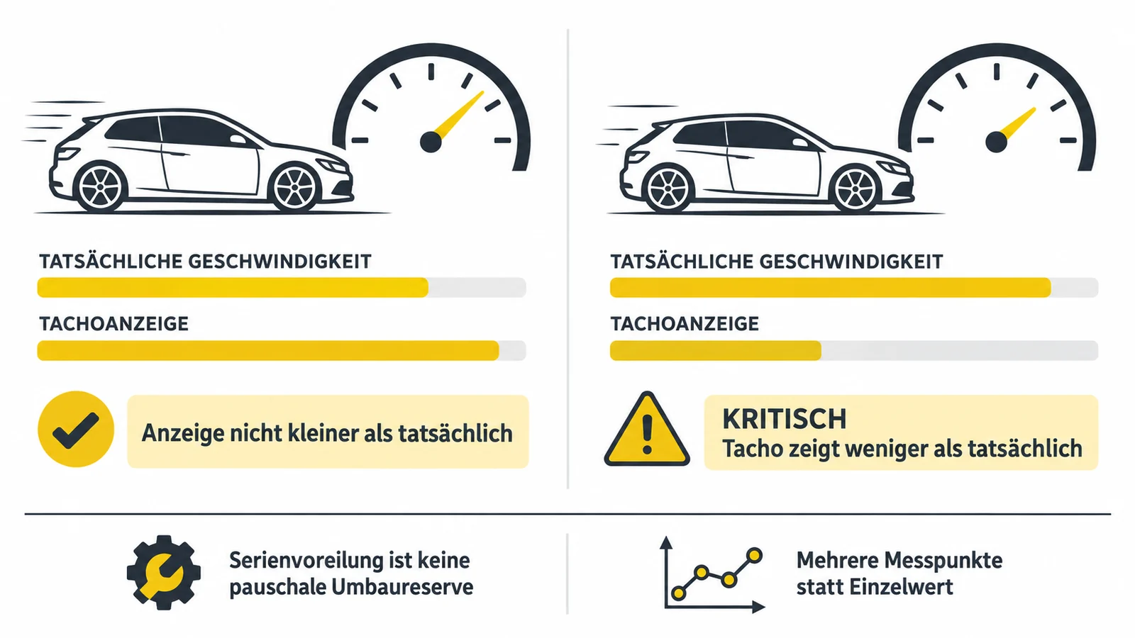 Schaubild vergleicht zwei Fahrzeuge: einmal zeigt der Tacho mehr als die tatsächliche Geschwindigkeit, einmal weniger.