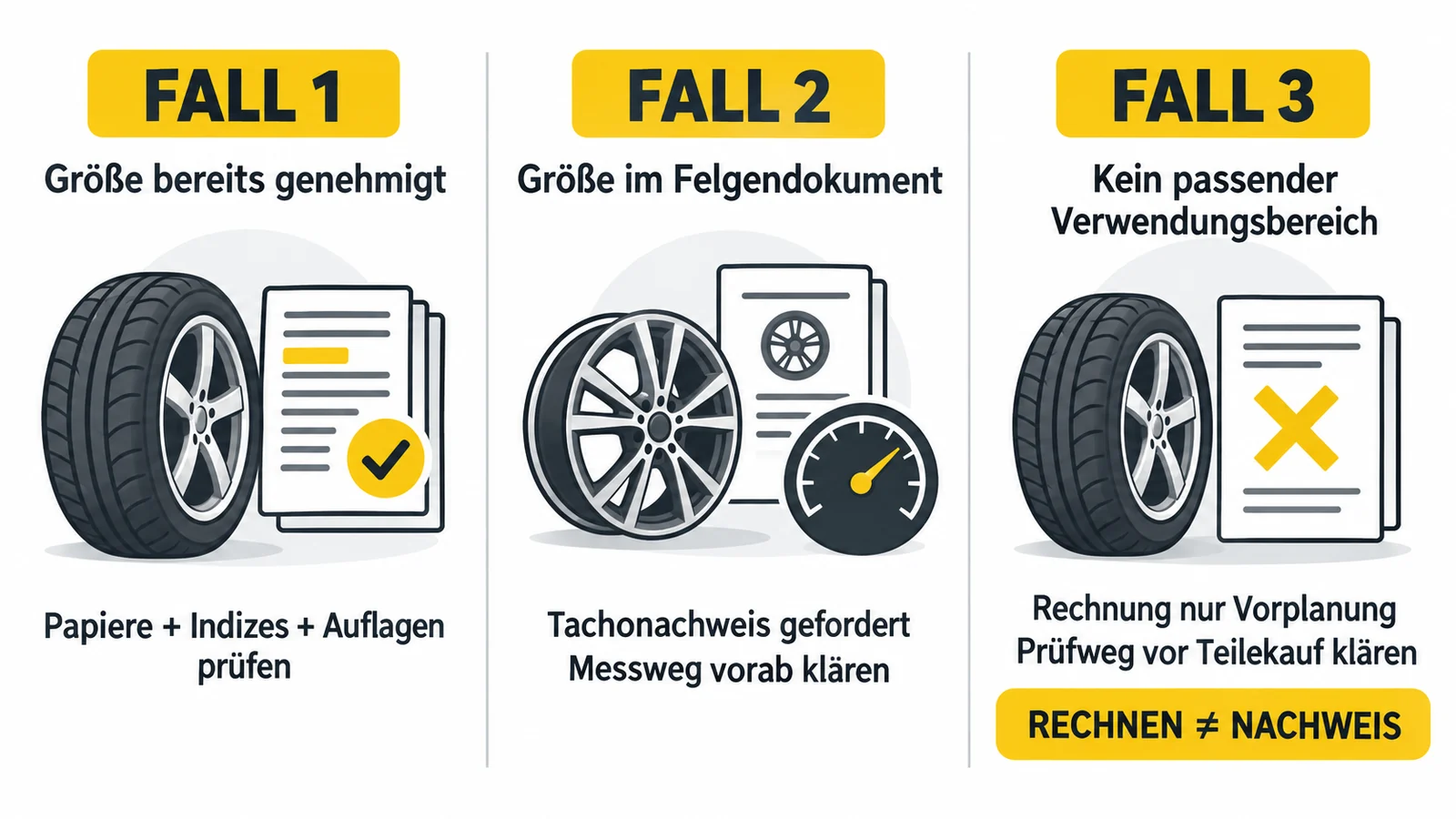 Schaubild mit drei Fällen: Größe bereits genehmigt, Größe im Felgendokument, kein passender Verwendungsbereich.