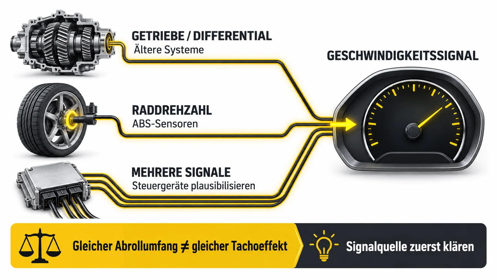Schaubild führt Getriebe, ABS-Sensor und Steuergerät als Quellen des Geschwindigkeitssignals zum Tacho.