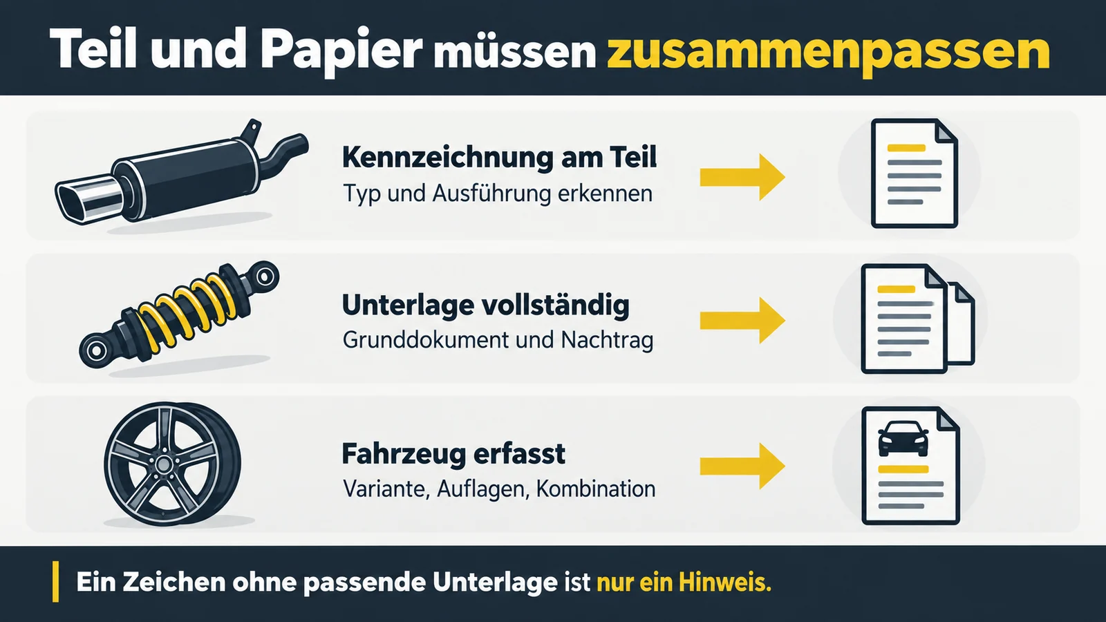 Auspuff, Federbein und Felge, jeweils mit einem Pfeil auf ein passendes Dokument