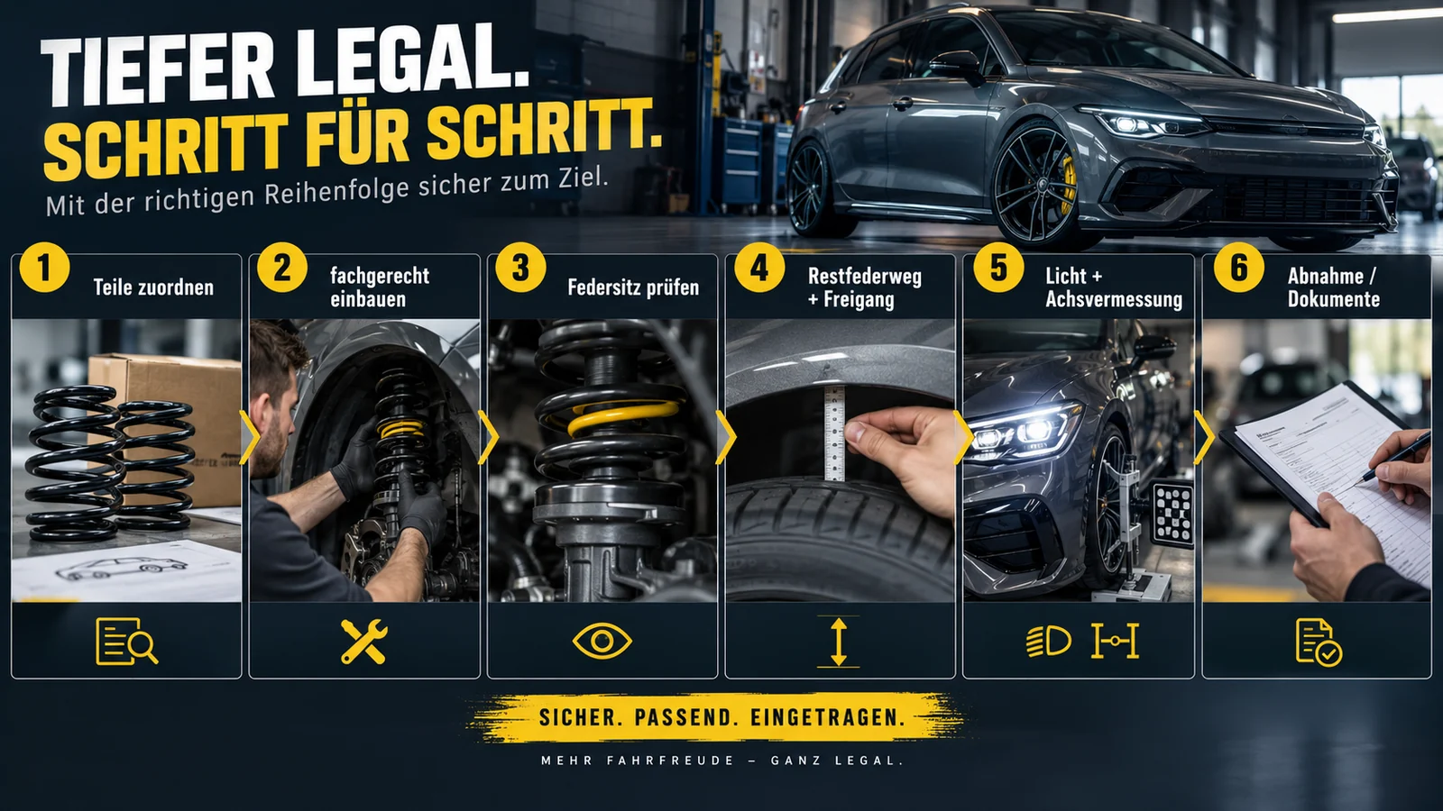 Sechs Schritte vom Zuordnen der Teile über Restfederweg und Licht bis zur Abnahme