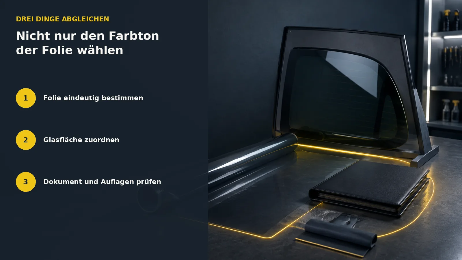 Abgleich von Tönungsfolie, Glasfläche und zugehörigem Dokument