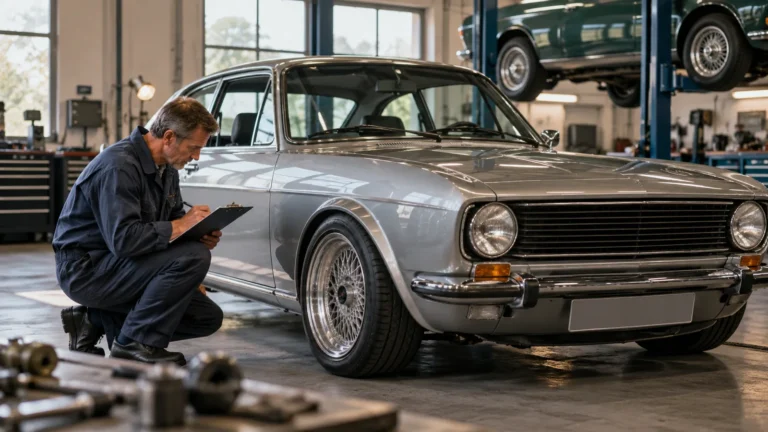 H-Kennzeichen und Tuning: Servicetechniker prüft ein Fahrzeug und zugehörige Bauteile in der Werkstatt. KI-generiertes Symbolbild · redaktionell geprüft.