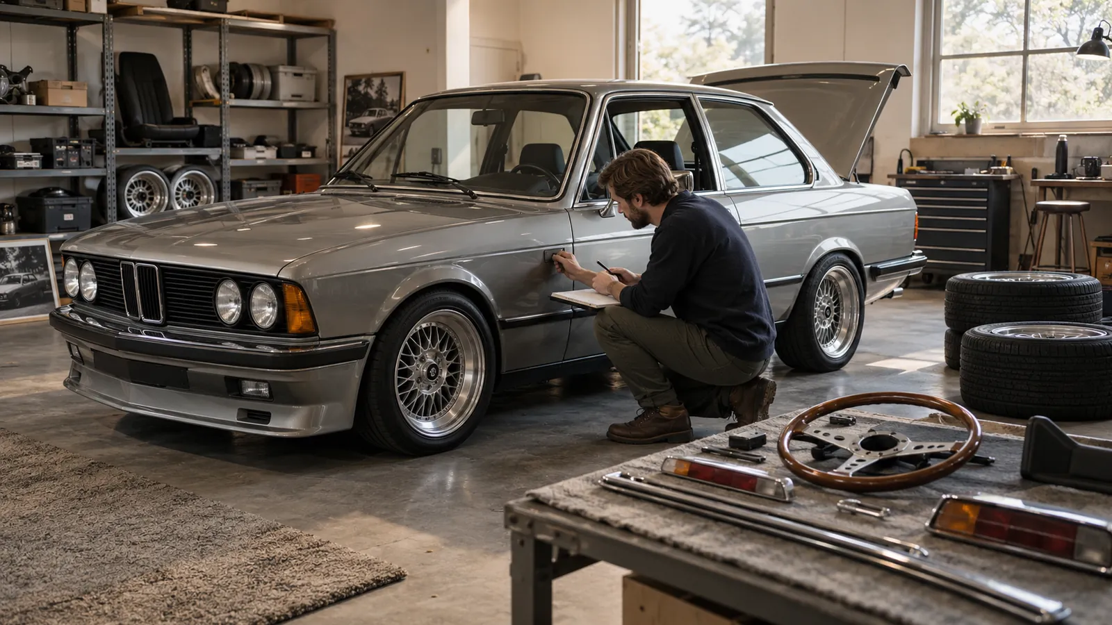 Schrauber notiert Details an einem silbernen Klassiker in der Garage. KI-generierte Szene · redaktionell geprüft.
