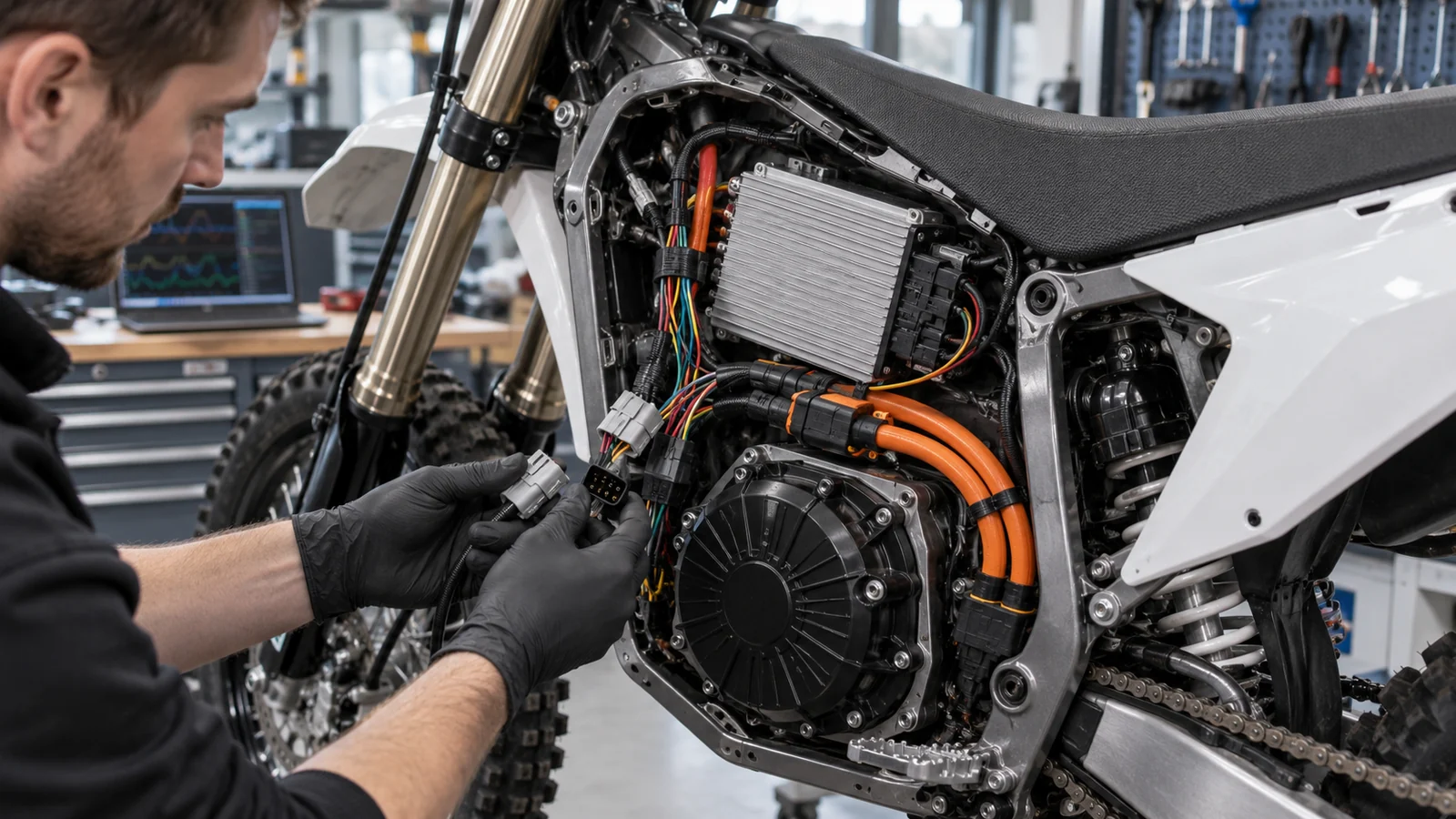 Monteur hält einen mehrpoligen Sensorstecker an den Motor eines zerlegten E-Enduros, dahinter ein Laptop mit Signalkurven. KI-generiertes Symbolbild · redaktionell geprüft.