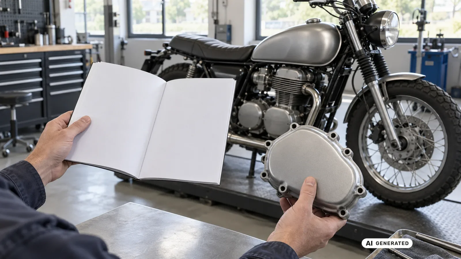 Dokumenten- und Bauteilabgleich für den Beitrag Harley-Davidson Sportster XL1200 EU 2014–2020; Schrift und persönliche Daten sind nicht lesbar. — KI-generierte Szene, redaktionell geprüft