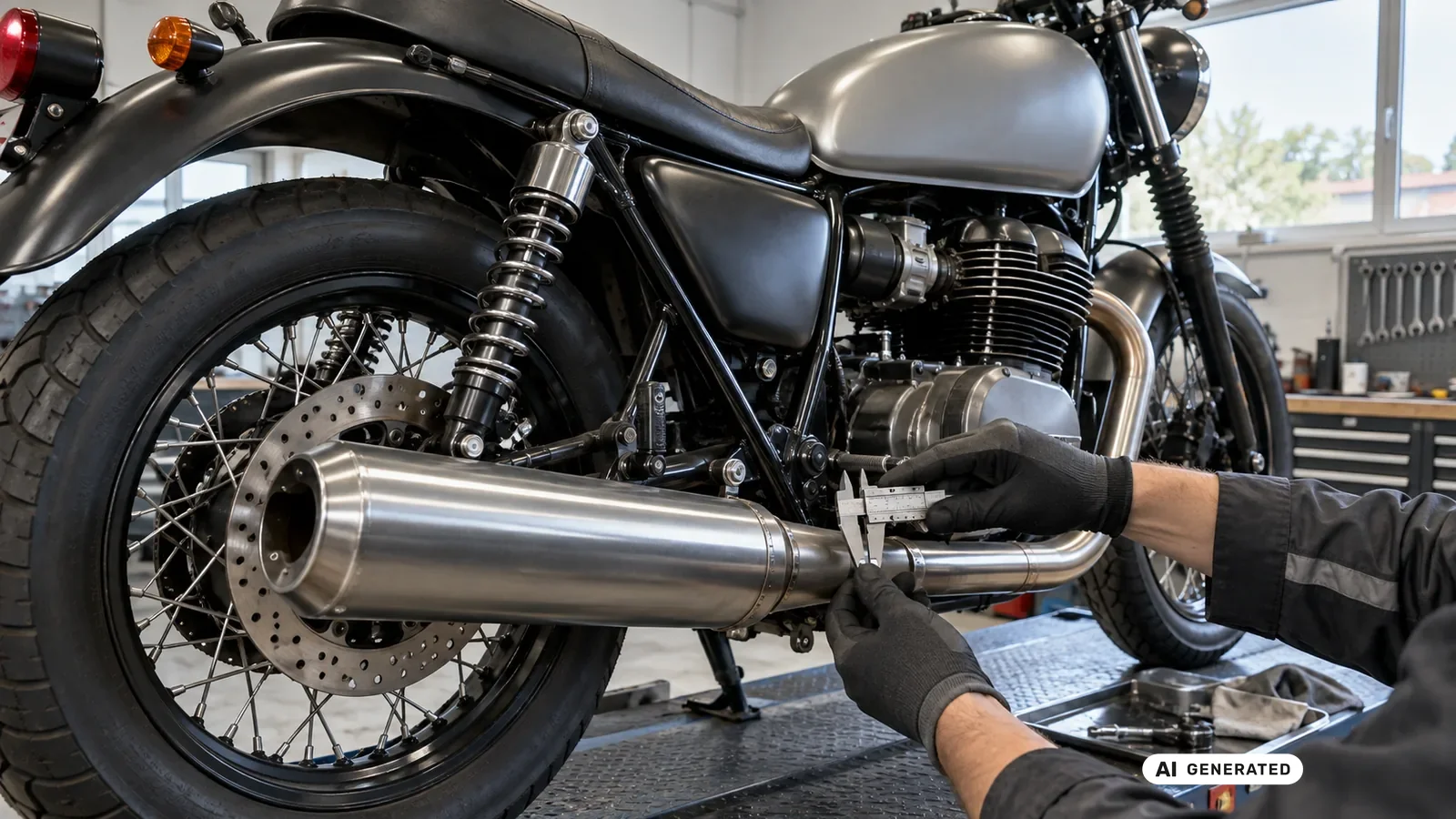 Technische Detailprüfung zum Thema EU-Auspuff statt US-Emissionshinweis an einer neutralen Fahrzeugdarstellung für Harley-Davidson Sportster XL1200 EU 2014–2020. — KI-generierte Szene, redaktionell geprüft