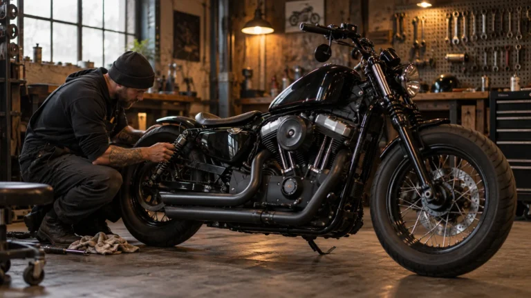 Harley-Davidson Sportster XL1200 EU 2014–2020 legal umbauen: Mechaniker begutachtet Anbauteile an dem Motorrad in der Werkstatt. KI-generiertes Symbolbild · redaktionell geprüft.