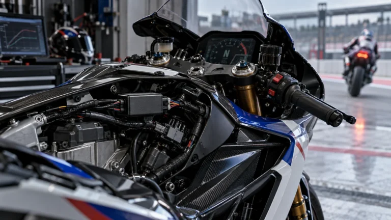 Schwarzes Steckmodul im Kabelbaum unter der Verkleidung, dahinter das Cockpit mit Ganganzeige N und Drehzahlmesser. KI-generiertes Symbolbild · redaktionell geprüft.