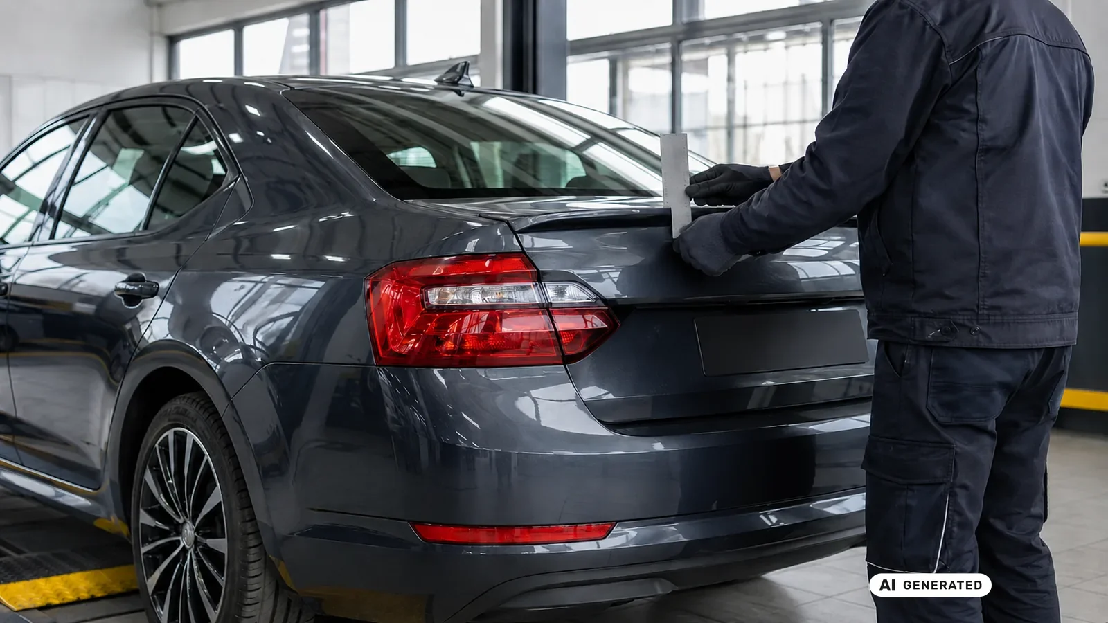 Techniker prüft Heckspoiler und dessen Abstand zur Fahrzeugkontur — KI-generierte Szene, redaktionell geprüft