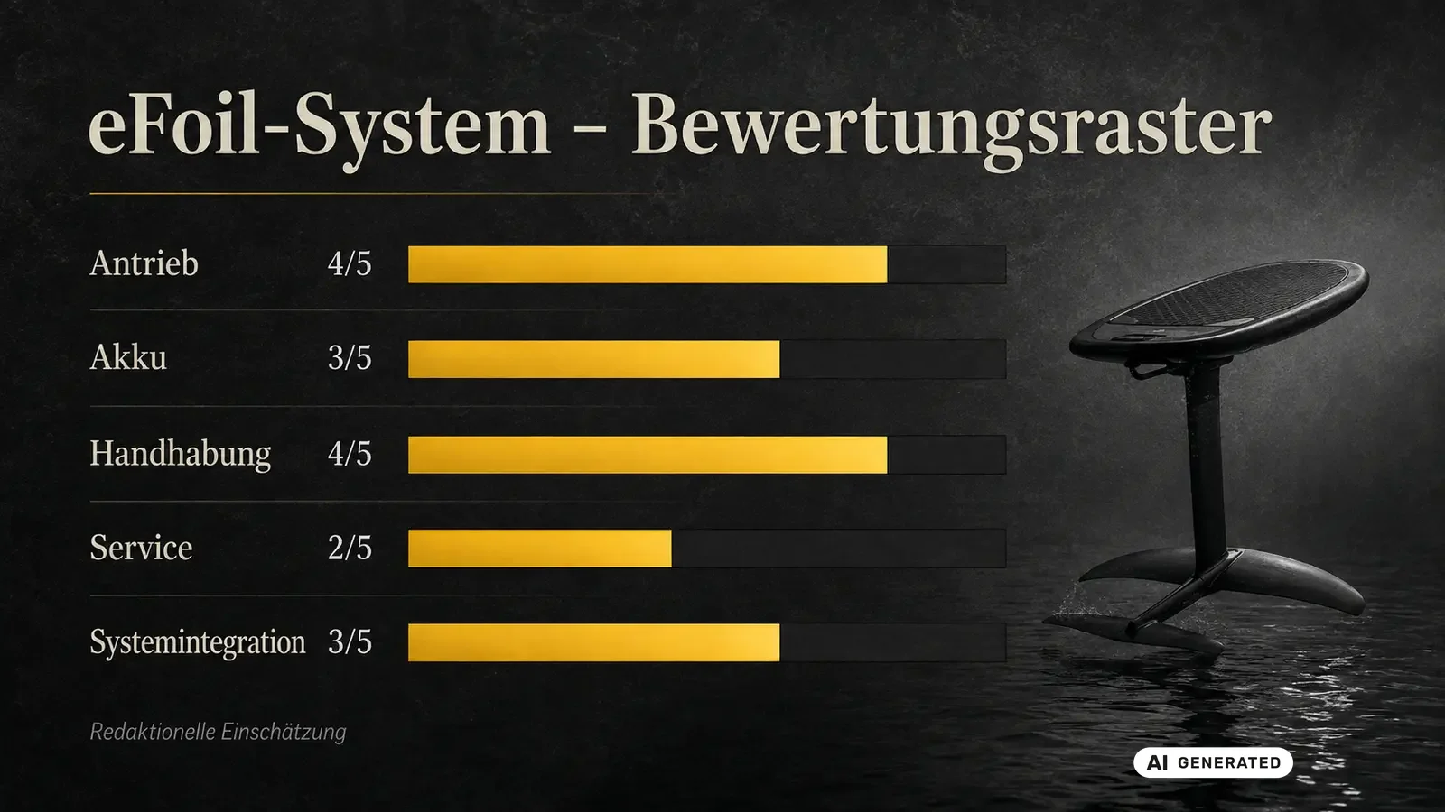 Balkengrafik des Bewertungsrasters nach Antrieb, Akku, Garantie und Service. KI-generiertes Symbolbild · redaktionell geprüft.