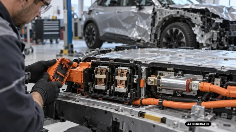 Mechaniker untersucht die Hochvolt-Schütze und Steckverbinder einer ausgebauten Fahrzeugbatterie, im Hintergrund ein beschädigtes Elektrofahrzeug. KI-generiertes Symbolbild · redaktionell geprüft.