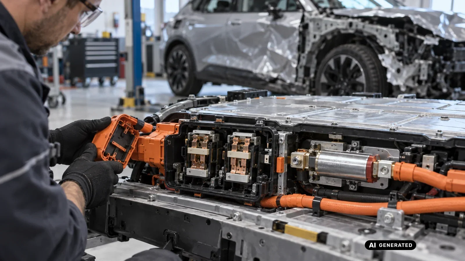 Mechaniker untersucht die Hochvolt-Schütze und Steckverbinder einer ausgebauten Fahrzeugbatterie, im Hintergrund ein beschädigtes Elektrofahrzeug. KI-generiertes Symbolbild · redaktionell geprüft.