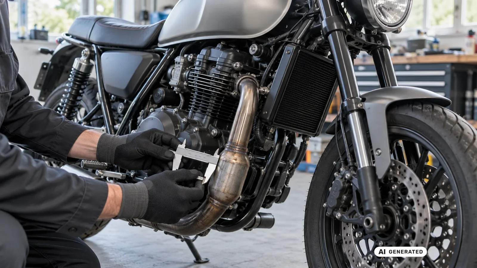 Technische Detailprüfung zum Thema Auspuff und Katalysator ACC.073.A1 an einer neutralen Fahrzeugdarstellung für Honda CB125R JC91 2021–2023. — KI-generierte Szene, redaktionell geprüft