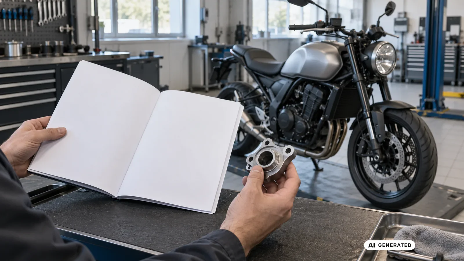 Dokumenten- und Bauteilabgleich für den Beitrag Honda CB125R JC91 2021–2023; Schrift und persönliche Daten sind nicht lesbar. — KI-generierte Szene, redaktionell geprüft