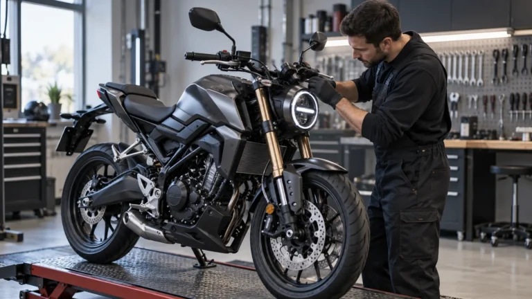 Honda CB125R JC91 2021–2023 legal tunen: Mechaniker begutachtet Anbauteile an dem Motorrad in der Werkstatt. KI-generiertes Symbolbild · redaktionell geprüft.