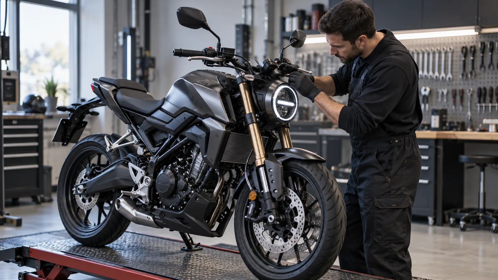 Honda CB125R JC91 2021–2023 legal tunen: Mechaniker begutachtet Anbauteile an dem Motorrad in der Werkstatt. KI-generiertes Symbolbild · redaktionell geprüft.