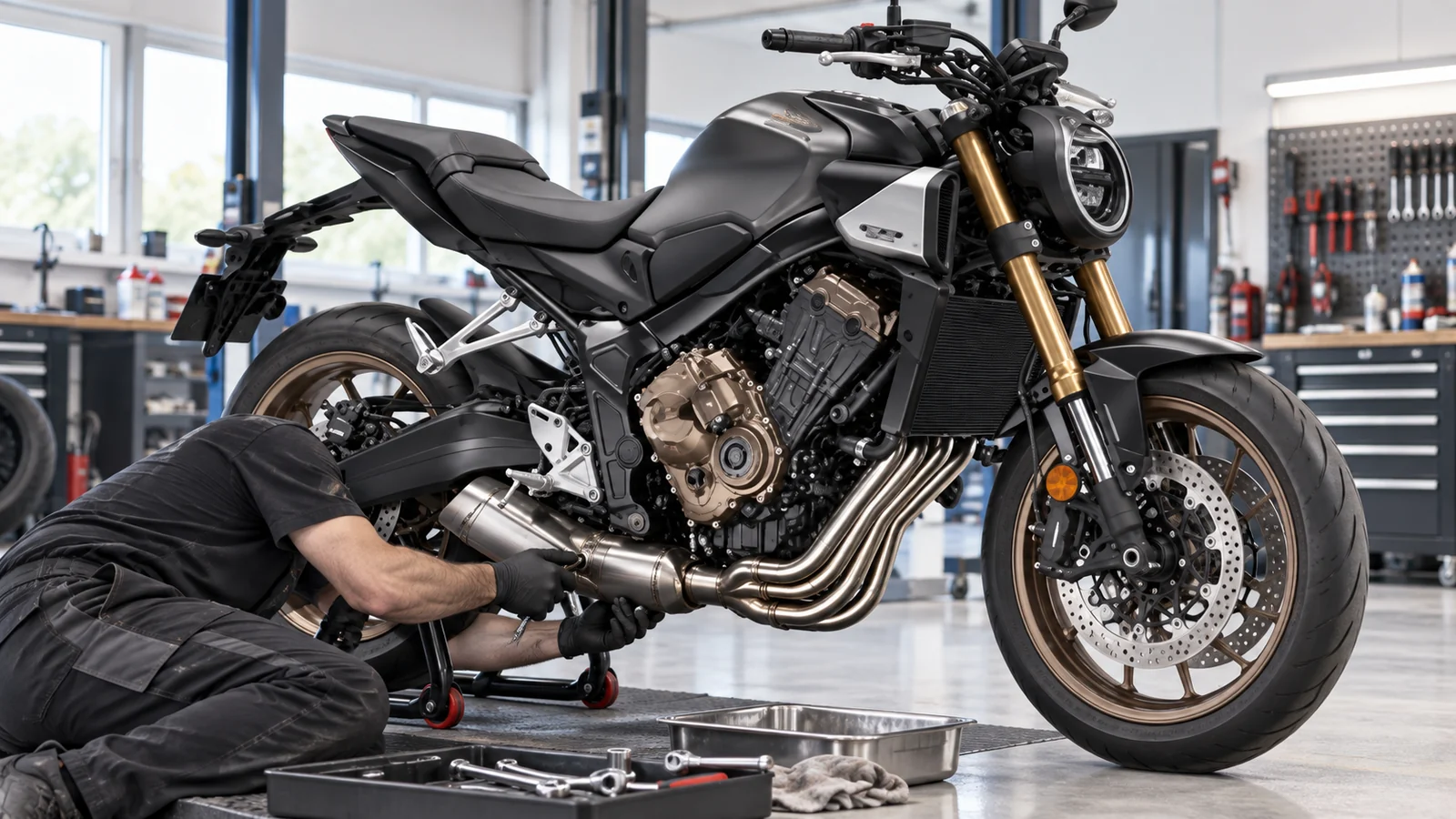 Mechaniker prüft Krümmer und Auspuffanlage an einer CB650R. KI-generierte Szene · redaktionell geprüft.