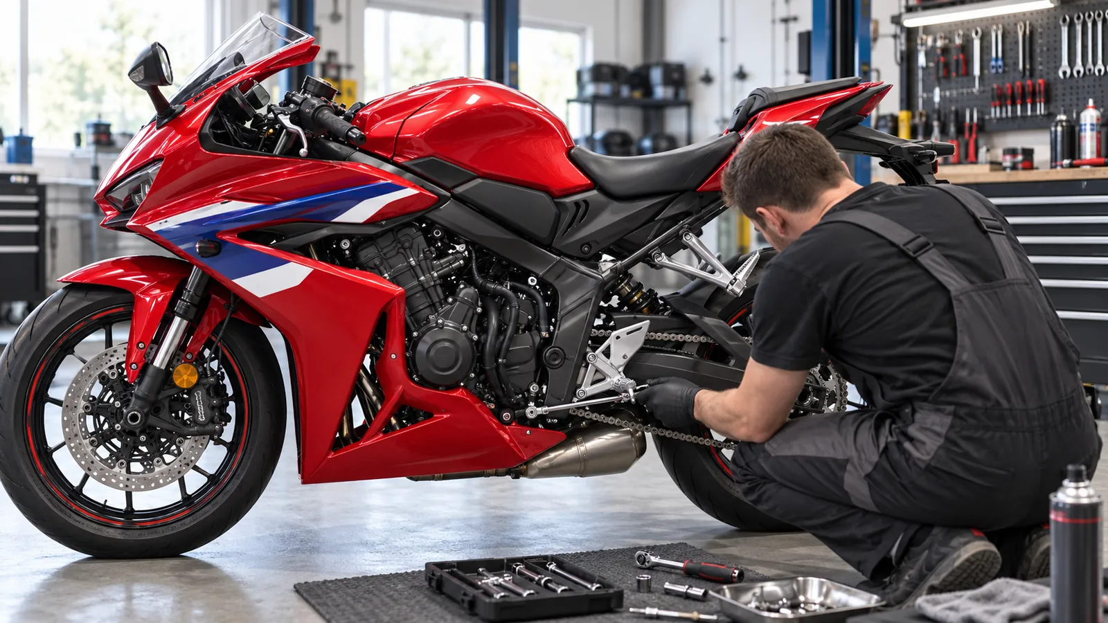 Mechaniker arbeitet an der Vollverkleidung einer roten CBR650R. KI-generierte Szene · redaktionell geprüft.
