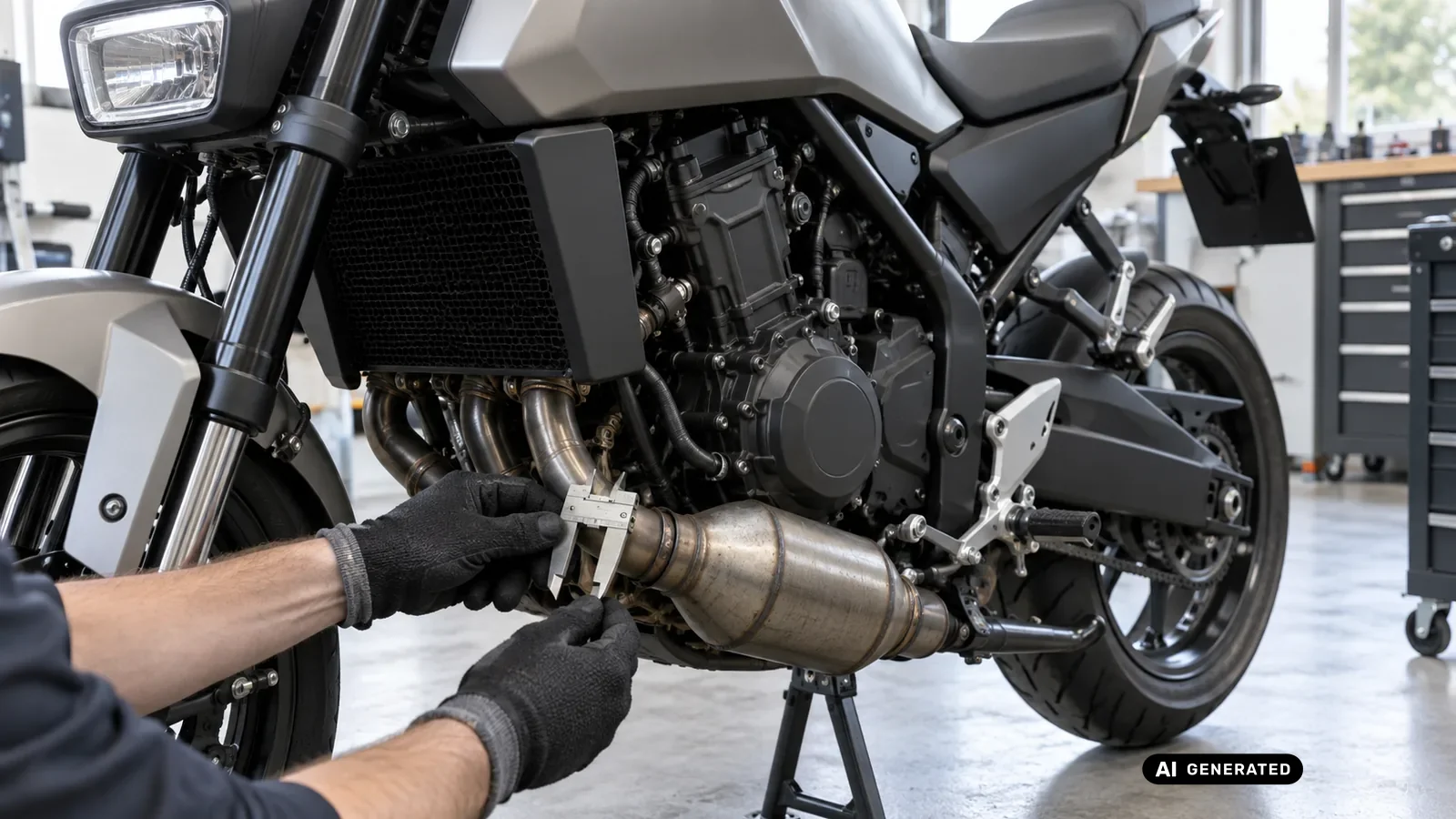 Technische Detailprüfung zum Thema Auspuff, Katalysator und ECU an einer neutralen Fahrzeugdarstellung für Honda CB750 Hornet 2023–2024. — KI-generierte Szene, redaktionell geprüft