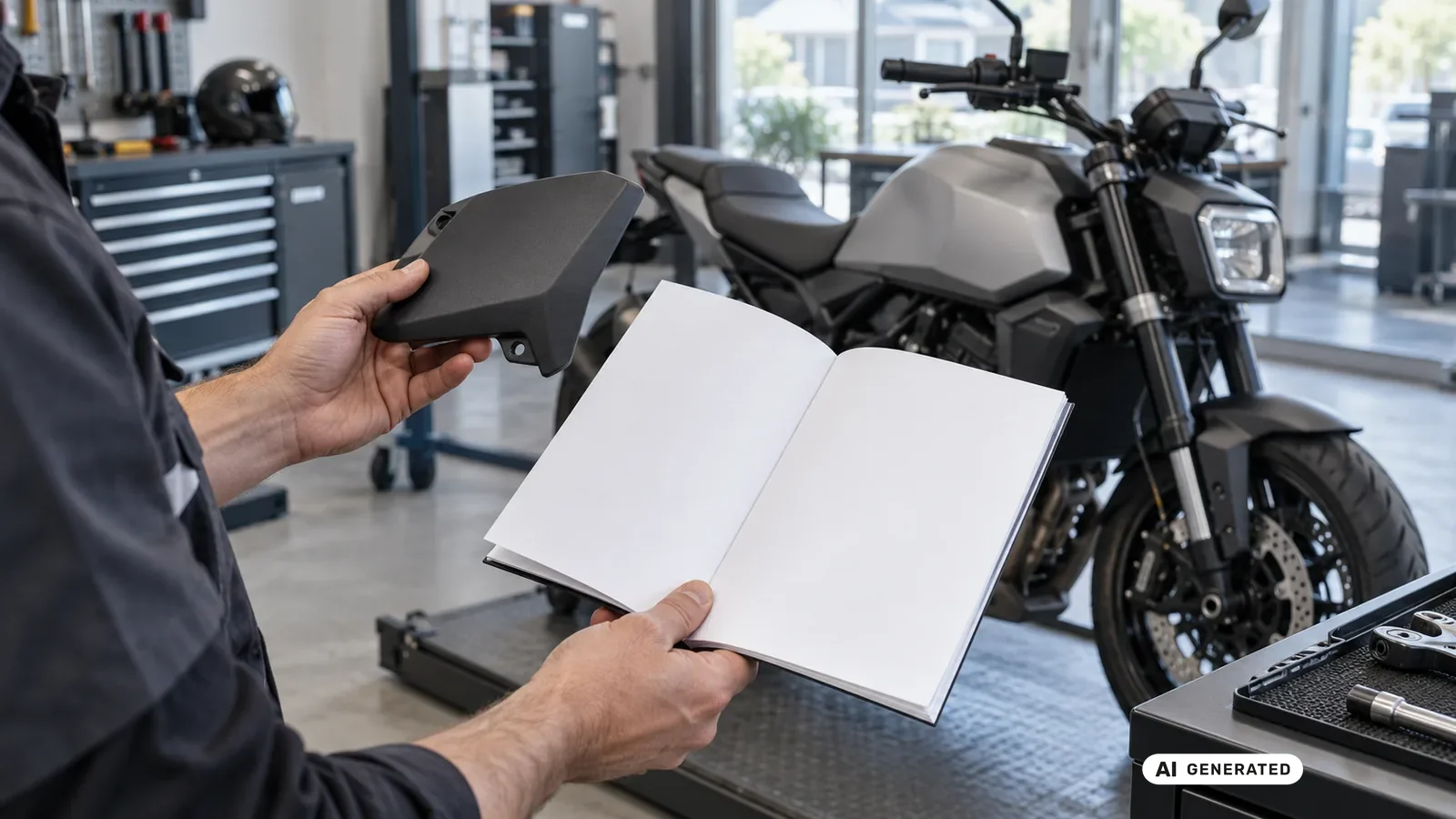 Dokumenten- und Bauteilabgleich für den Beitrag Honda CB750 Hornet 2023–2024; Schrift und persönliche Daten sind nicht lesbar. — KI-generierte Szene, redaktionell geprüft