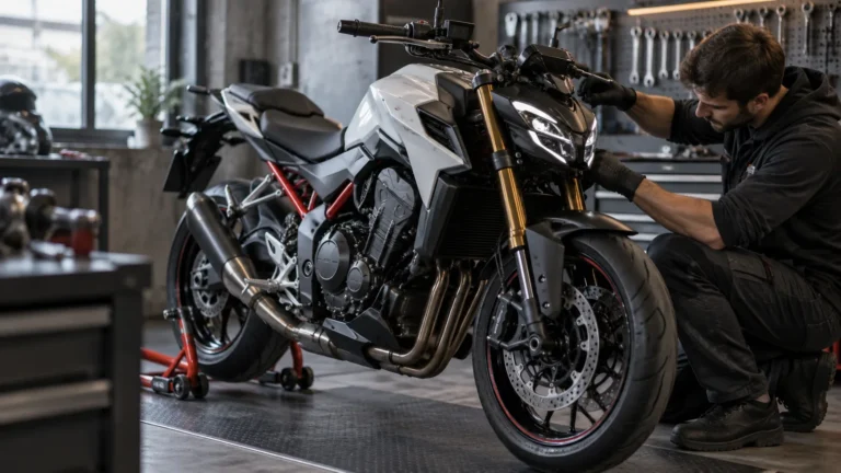 Honda CB750 Hornet 2023–2024 legal tunen: Mechaniker begutachtet Anbauteile an dem Motorrad in der Werkstatt. KI-generiertes Symbolbild · redaktionell geprüft.