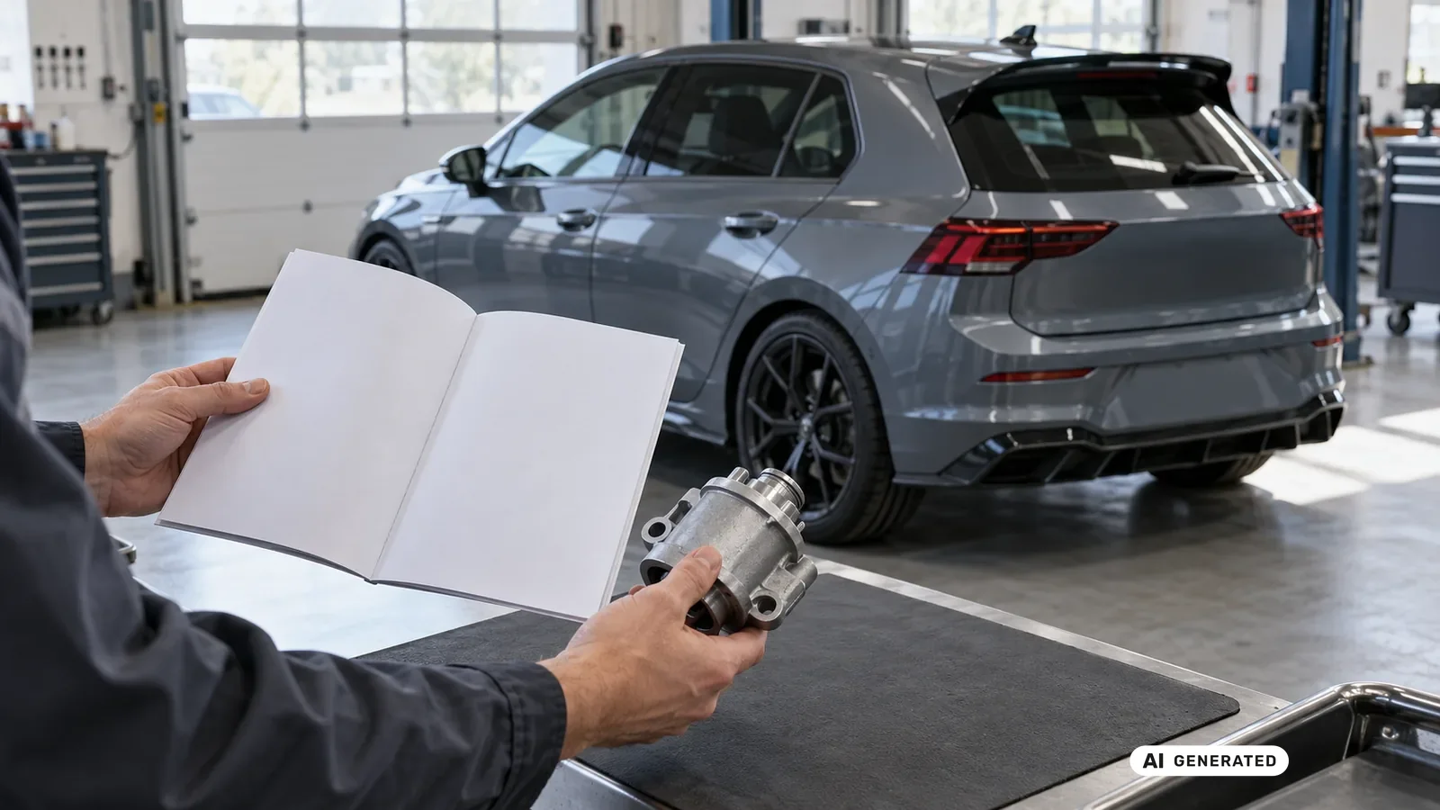 Dokumenten- und Bauteilabgleich für den Beitrag Honda Civic Type R FK8; Schrift und persönliche Daten sind nicht lesbar. — KI-generierte Szene, redaktionell geprüft