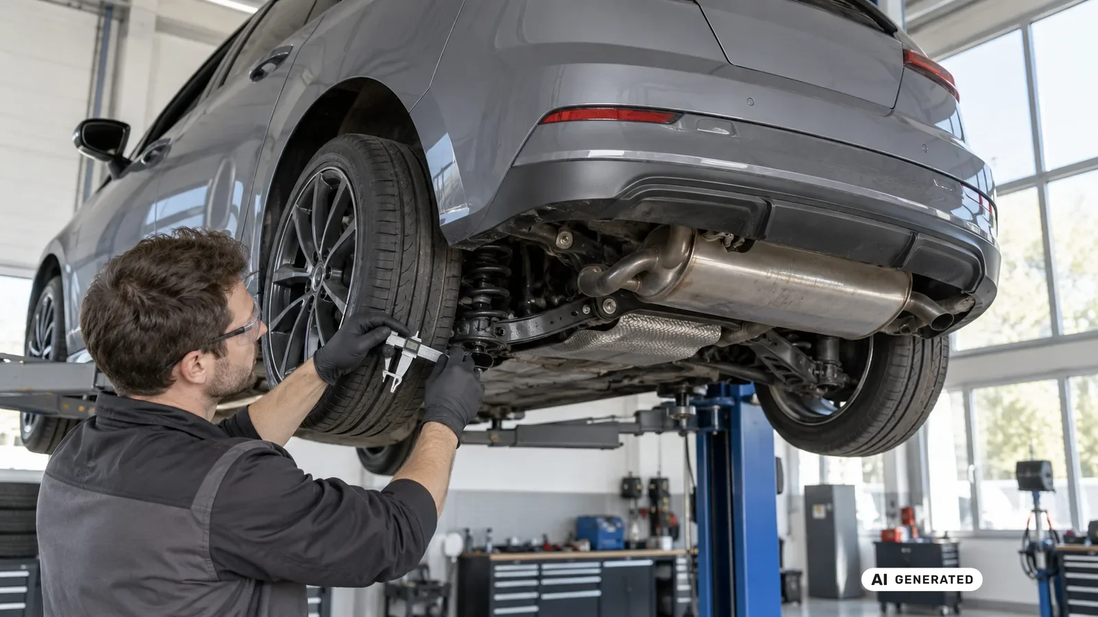 Technische Detailprüfung zum Thema OPF, Abgasanlage und Importmarkt an einer neutralen Fahrzeugdarstellung für Honda Civic Type R FK8. — KI-generierte Szene, redaktionell geprüft