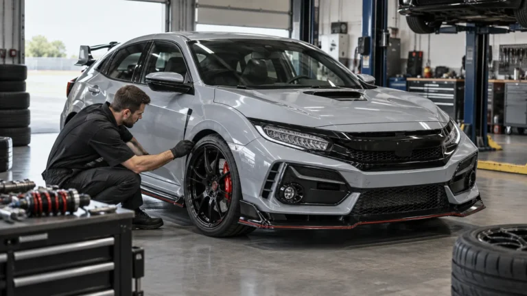 Honda Civic Type R FK8 2017–2021 legal tunen: Servicetechniker prüft das Fahrzeug in der Kfz-Werkstatt. KI-generiertes Symbolbild · redaktionell geprüft.