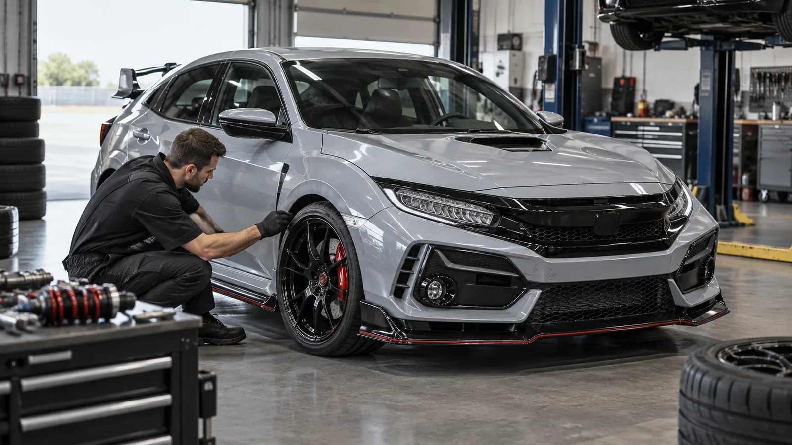 Honda Civic Type R FK8 2017–2021 legal tunen: Servicetechniker prüft das Fahrzeug in der Kfz-Werkstatt. KI-generiertes Symbolbild · redaktionell geprüft.
