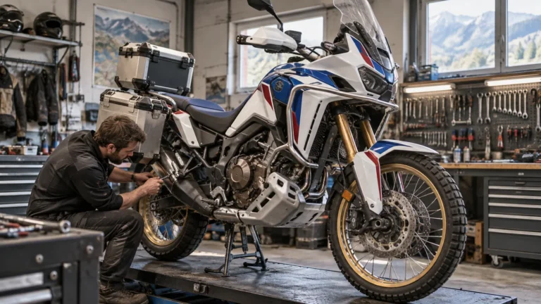 Honda CRF1100L Africa Twin 2020–2023 legal umbauen: Mechaniker begutachtet Anbauteile an dem Motorrad in der Werkstatt. KI-generiertes Symbolbild · redaktionell geprüft.