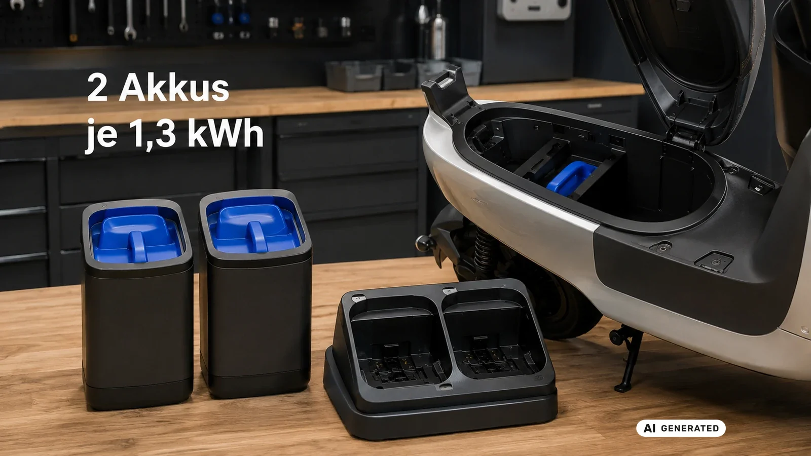 Zwei Honda Mobile Power Pack e: Wechselakkus je 1,3 kWh. KI-generiertes Symbolbild · redaktionell geprüft.