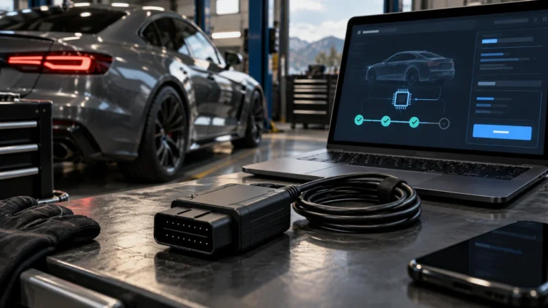 OBD-Interface mit aufgerolltem Kabel auf der Werkbank, daneben ein Laptop mit Fahrzeugansicht und Freigabekette. KI-generiertes Symbolbild · redaktionell geprüft.