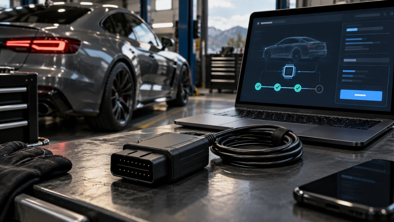 OBD-Interface mit aufgerolltem Kabel auf der Werkbank, daneben ein Laptop mit Fahrzeugansicht und Freigabekette. KI-generiertes Symbolbild · redaktionell geprüft.