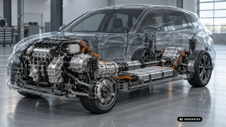 Durchsichtige Darstellung eines Hybridfahrzeugs mit Verbrennungsmotor, E-Motoren und Antriebsbatterie