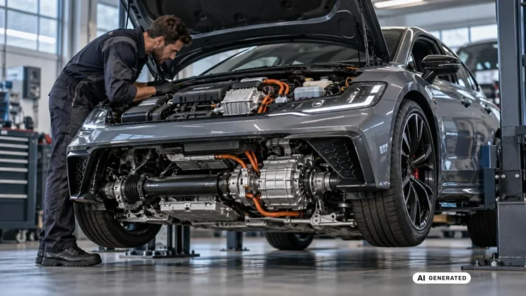 Mechaniker prüft den Hybridantrieb mit Hochvolt-Verkabelung am angehobenen Fahrzeug. KI-generiertes Symbolbild · redaktionell geprüft.
