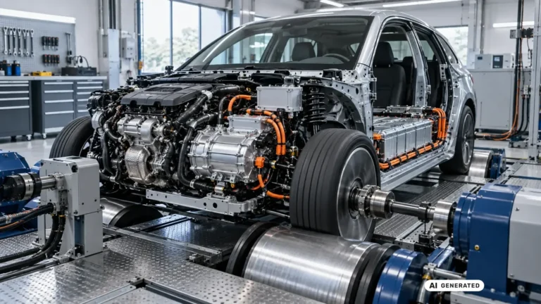 Hybridantrieb mit Verbrennungsmotor und Elektromotor auf einem Rollenprüfstand in einer Werkstatt. KI-generiertes Symbolbild · redaktionell geprüft.
