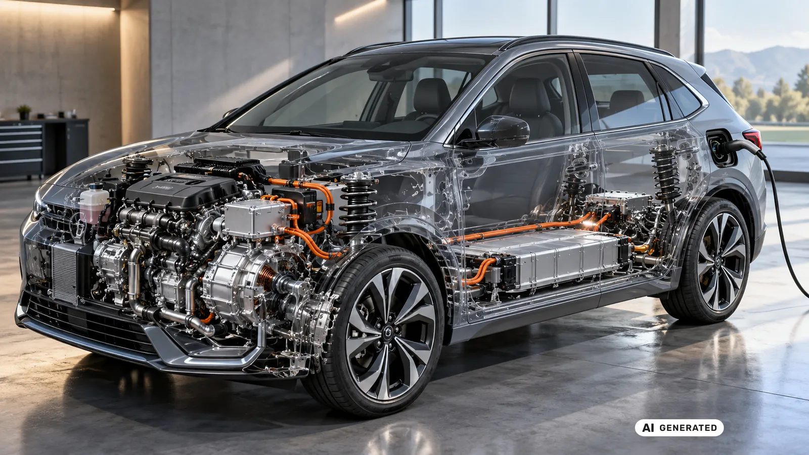Durchsichtige Darstellung eines Plug-in-Hybrid-Antriebsstrangs mit Verbrennungsmotor, E-Motor und Batterie. KI-generiertes Symbolbild · redaktionell geprüft.