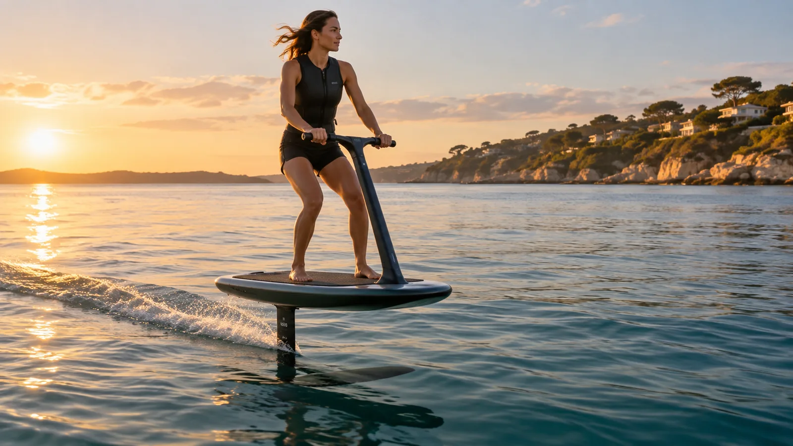 HydroFlyer eFoil mit festem Lenker auf dem Wasser. KI-generiertes Symbolbild · redaktionell geprüft.