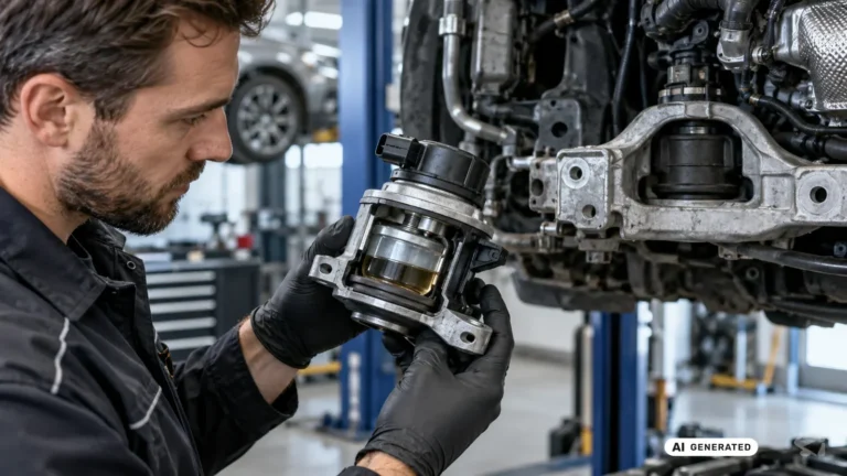 Mechaniker untersucht ein aufgeschnittenes Hydrolager mit Flüssigkeitskammer am Motor eines Fahrzeugs. KI-generiertes Symbolbild · redaktionell geprüft.