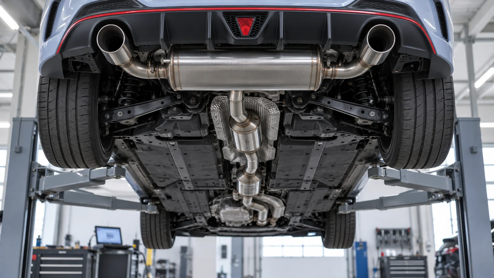 Hyundai i30 N von unten auf der Hebebühne, Abgasanlage mit zwei Endrohren und Mittelschalldämpfer. KI-generierte Szene · redaktionell geprüft.