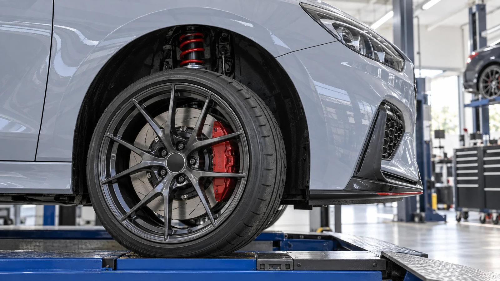 Vorderrad eines Hyundai i30 N auf der Prüfspur mit rotem Bremssattel und Fahrwerksfeder im Radhaus. KI-generierte Szene · redaktionell geprüft.